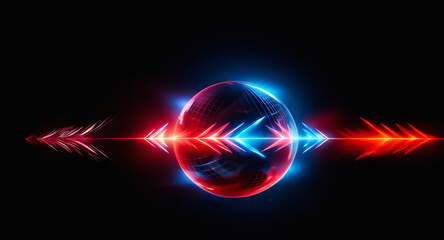 Vibrant sphere emits red and blue light, flanked by directional arrow trails on a dark backdrop. Dynamic and abstract visual with luminous elements.