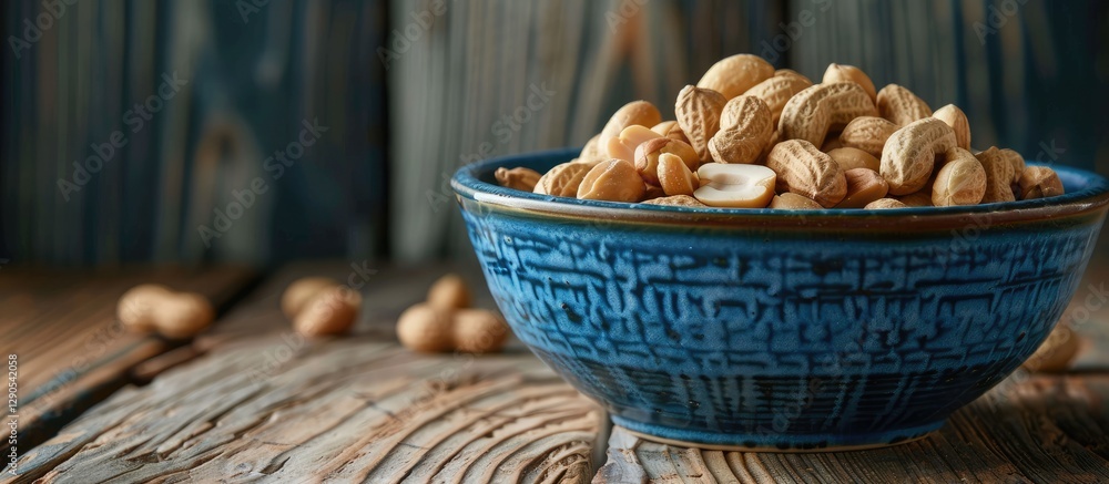 Poster close up of a textured blue bowl overflowing with peanuts positioned on a rustic wooden table with b