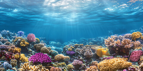 Obraz premium Bright multi-colored coral reef. Banner template for advertising diving, oceanarium, care for nature and preservation of ecological diversity, copy space