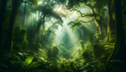 "Lush green rainforest with misty sunlight filtering through the dense canopy, symbolizing conservation and biodiversity."