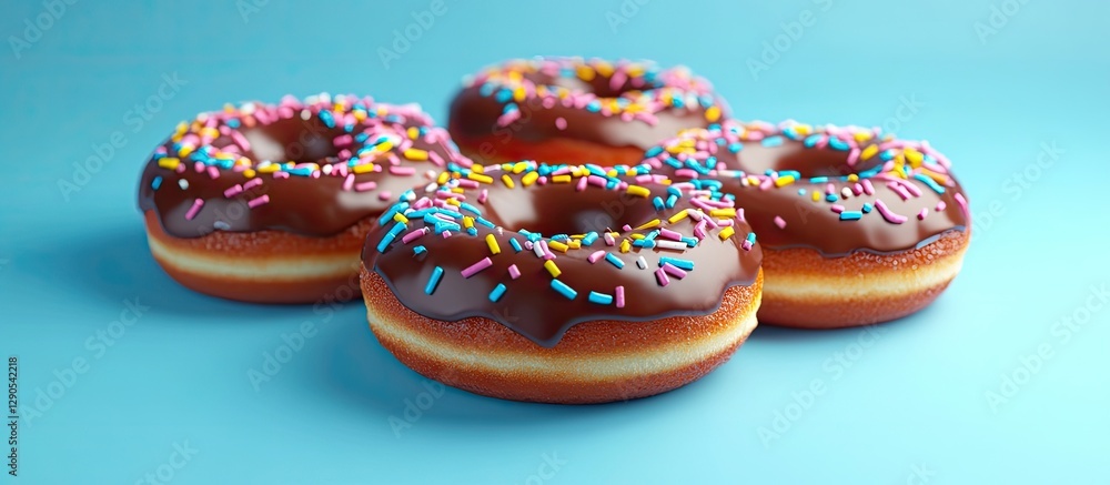 Poster chocolate donuts topped with colorful sprinkles in a dynamic arrangement against a bright blue backg