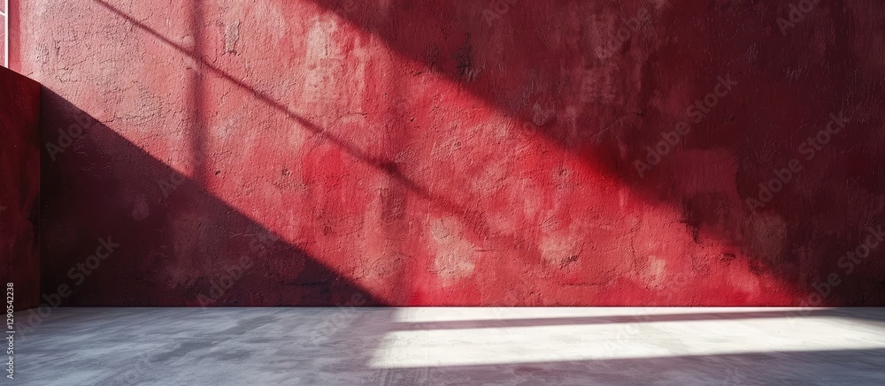 Poster red textured wall with soft lighting casting shadows on white concrete floor creating an ideal produ
