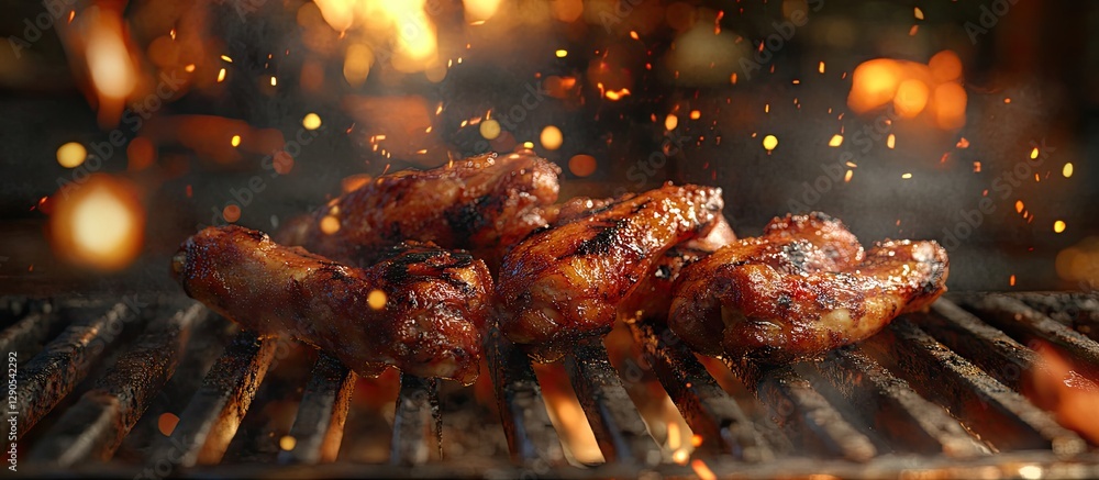 Poster grilled chicken wings glistening with sauce positioned center on a grill with warm fiery background 