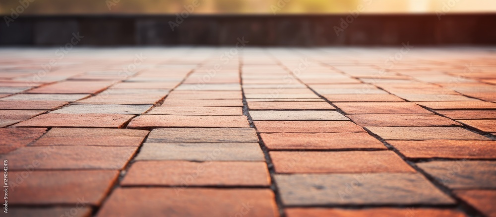 Poster paved outdoor floor with weathered red and gray bricks arranged in a haphazard pattern, featuring a 