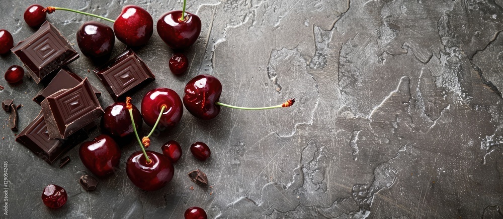 Aufkleber cherries and dark chocolate on a textured grey background with ample copy space positioned on the ri