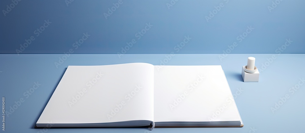 Poster blank open notepad on a soft blue background with an ink bottle beside it creating a minimalist work