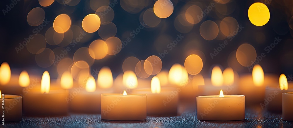 Poster warm glowing white candles arranged in the foreground with soft golden bokeh lights in the backgroun
