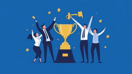 Rope at flat gold cup, businessman woman people success trophy vector illustration.Successful business achievement, team character work for win. Champion team goal, achieve competition.