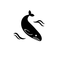 Silhouette of a whale, black and white, showing a minimalist style, whale, waves, water, aquatic animal.