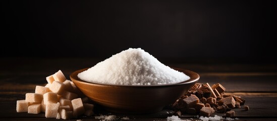 Bowl of white sugar with brown lump sugar and dark chocolate pieces on rustic wooden surface against dark background showcasing contrast in textures.