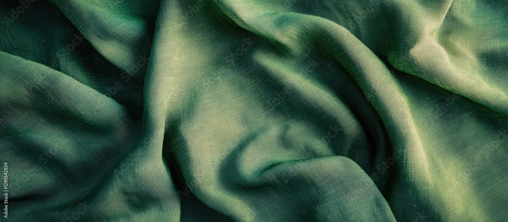 Poster elegant dark green fabric texture with soft drapes and folds, capturing subtle shadows and highlight