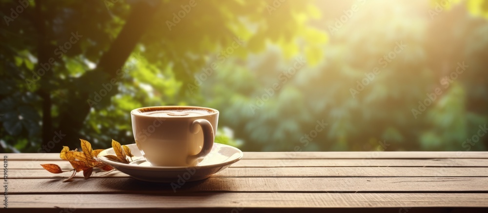 Poster morning coffee in a white cup on a rustic wooden table with soft sunlight filtering through green le