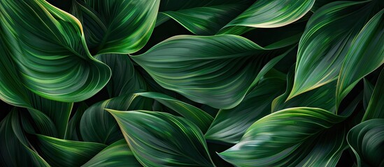 Lush green leaf design with varying shades of dark green and subtle light highlights arranged in a seamless pattern on a black background