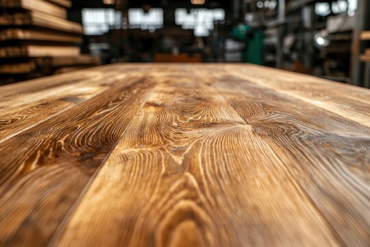 Wood surface in factory.  Blurred background shows wood storage. For interior design