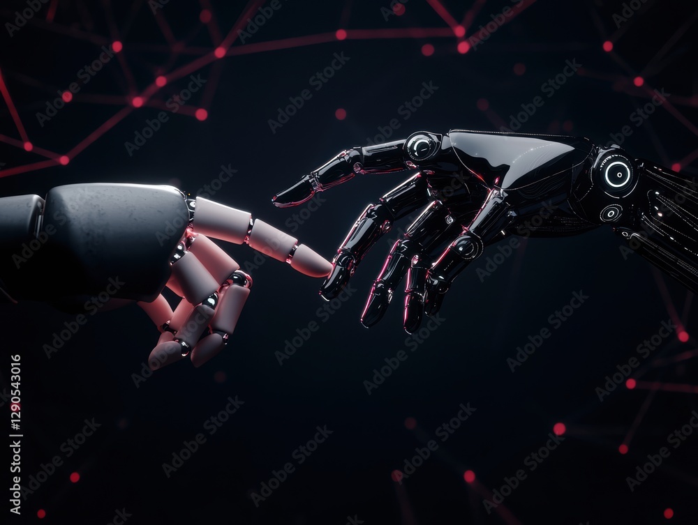 Poster sci-fi concept of human and robotic hands touching in a neon-lit cyber network, exchanging ai-driven