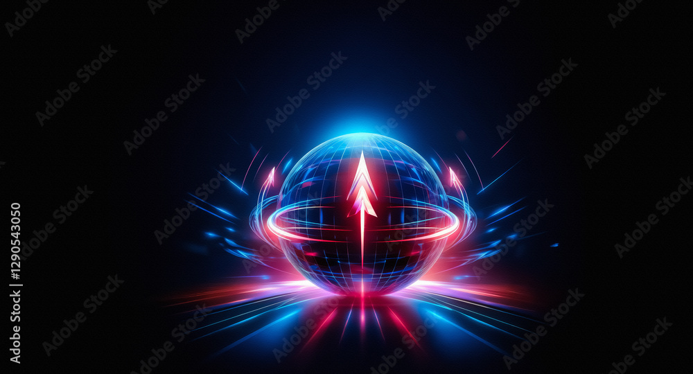 Poster abstract glowing sphere with vibrant red and blue light trails emanates from a dark space. a central