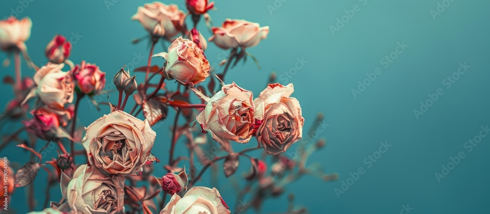 Poster dry roses in white pink and red hues arranged to the left against a soft turquoise background creati