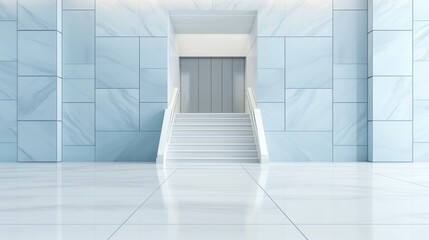 Elegant entrance with stairs and elevator in modern white marble building. Architecture