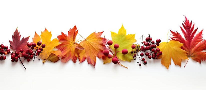 Vibrant autumn foliage with red and orange maple leaves yellow oak leaves and acorns arranged on a crisp white background for seasonal decor - Powered by Adobe