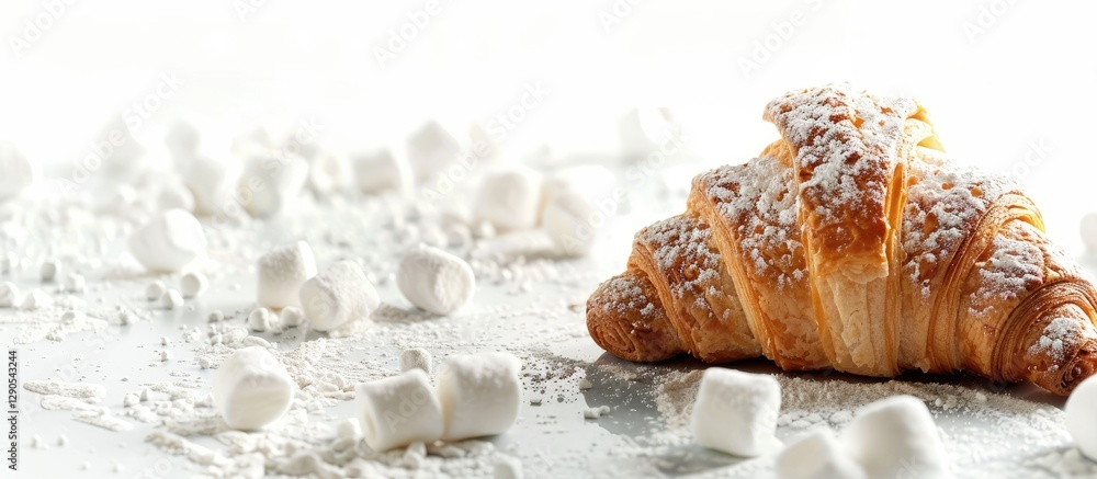 Poster croissant topped with marshmallows and dusted with powdered sugar on a light background scattered wi
