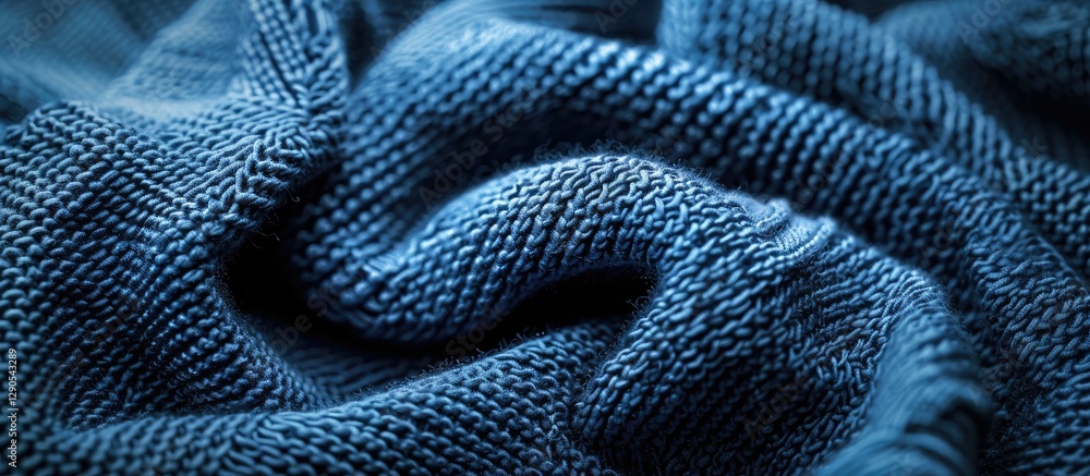 Poster textured blue knitted jersey fabric background with intricate patterns and soft folds creating depth