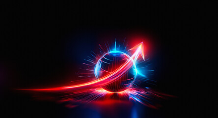 Vibrant red arrow swirls around a glowing blue sphere, creating a dynamic energy flow against a stark black backdrop, illuminated with neon light streaks.