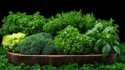 Fresh herbs and broccoli on wooden bowl