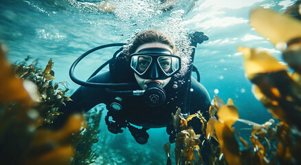 Woman diver underwater with oxygen equipment. Design template for advertising underwater tourism, travel and vacation. Women's power