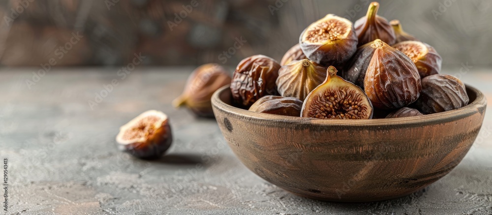 Poster dried figs in a rustic wooden bowl placed centrally on a textured grey background with ample copy sp