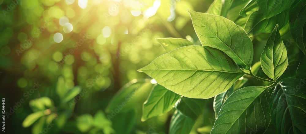 Poster vibrant green leaves illuminated by soft sunlight in a lush forest setting with blurred background c