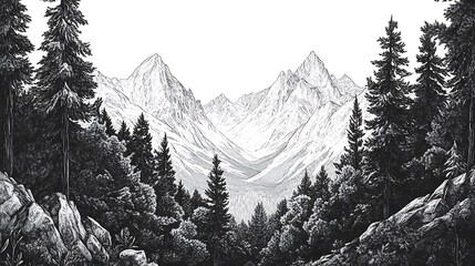 Majestic Mountain Range: A Pen and Ink Masterpiece