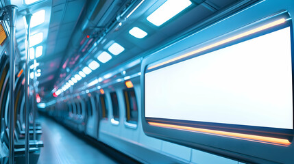 Obraz premium A blank lightbox advertising panel mockup in a subway car, blending seamlessly with the design.