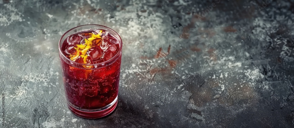 Poster refreshing acai juice with lemon zest in a clear glass on a textured grey table with vibrant colors 