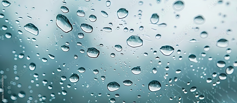Poster close up shot of raindrops on a reflective surface with soft blueish tones and blurred background cr