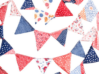 Red White and Blue Triangle Fabric Bunting Garland on Transparent Background, PNG