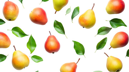 Obraz premium Seamless pattern of ripe, colorful pears and green leaves on a Transparent Background, PNG