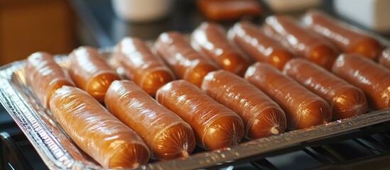 Dough wrapped hot dogs lined on a silver baking tray ready for the oven with warm brown tones and a shiny metallic surface reflecting light