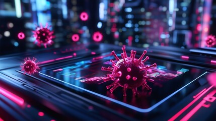 Wirusy unoszące się nad futurystycznym interfejsem cyfrowym w neonowych kolorach