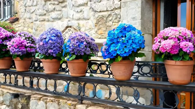 Colorful balcony with blooming hydrangeas in pots