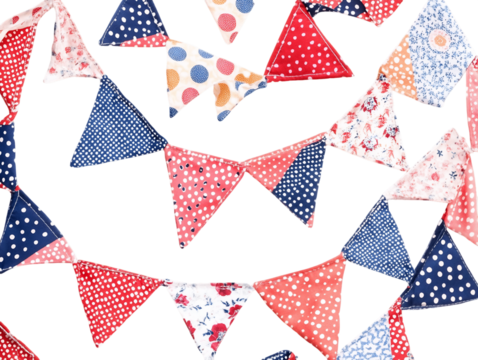 Red White and Blue Triangle Fabric Bunting Garland on Transparent Background, PNG