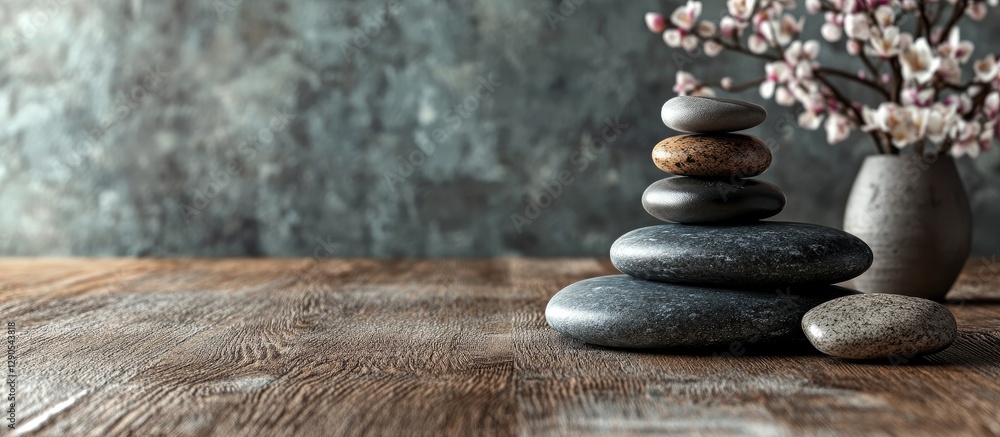 Aufkleber spa stones stacked on a wooden table with soft grey background featuring a vase with flowers on the 