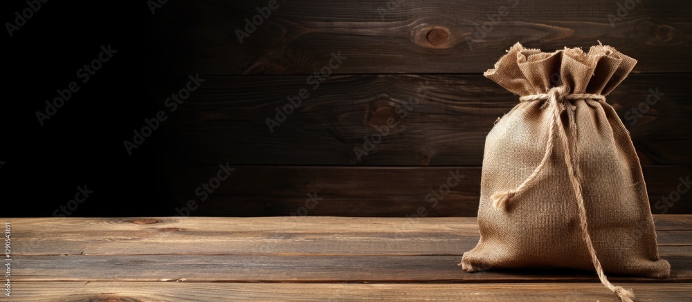 Poster burlap pouch tied with string positioned right on rustic wooden table against a dark background high