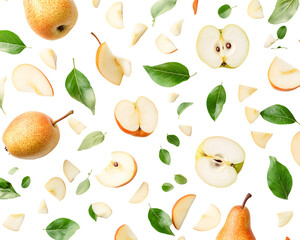 Obraz premium Ripe Pears Slices and Green Leaves on Transparent Background, PNG