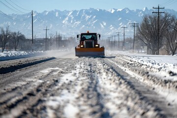 Snowplow clears winter road with snow covered mountains on background for safe drive