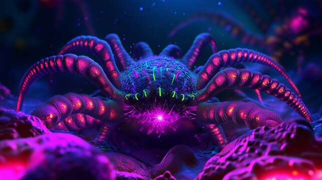 Fantastyczne stworzenie o neonowych mackach na obcej, surrealistycznej planecie