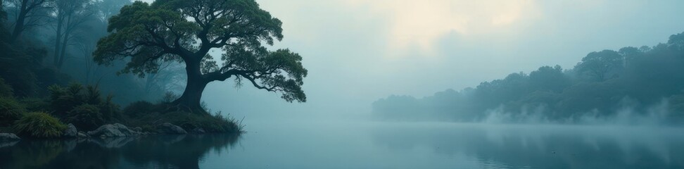 Ancient trees, shrouded in fog, loom over a dark lake, dramatic, somber, atmosphere
