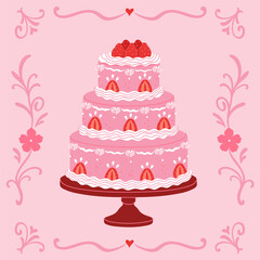Tiered pink strawberry cake on a stand on a pink background. Vector graphics.