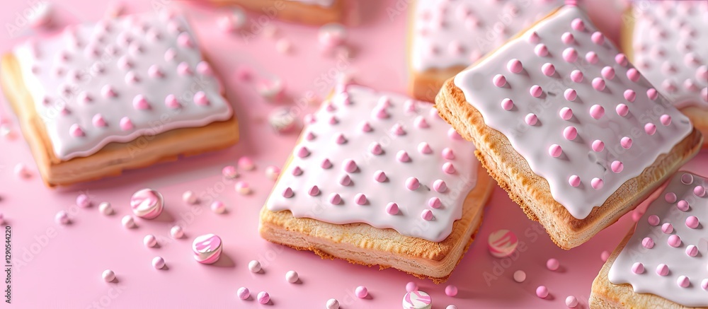 Poster delicious square cookies with pink icing and white sprinkles arranged on a soft pink background show