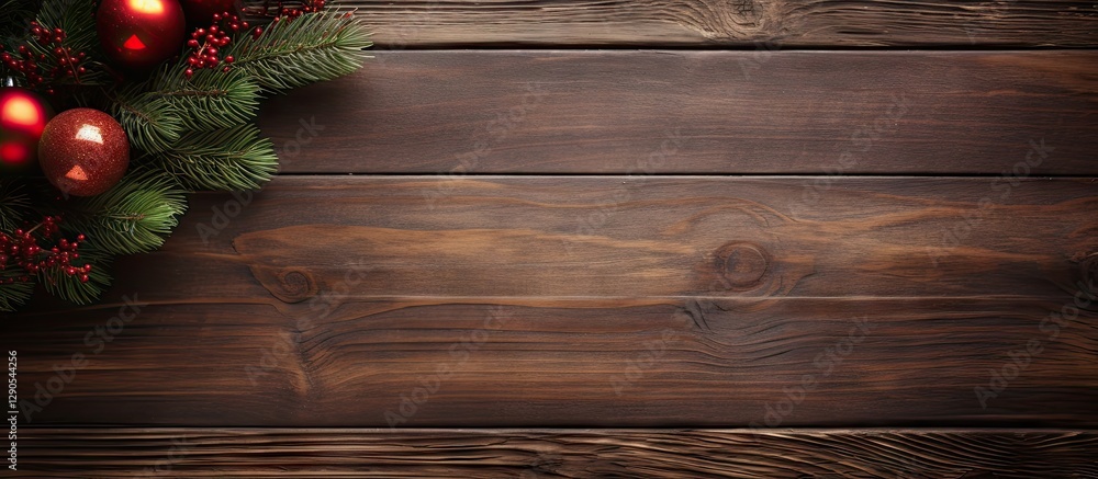Poster rustic wooden background featuring red christmas ornaments and greenery on the left side, with ample