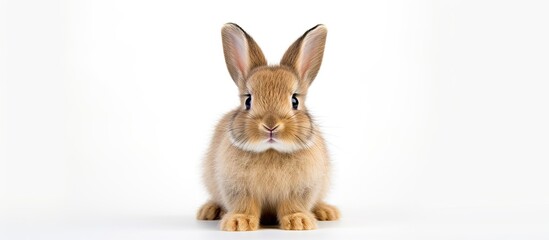 Obraz premium Dwarf rabbit with soft brown fur sitting centrally against a bright white background, ears upright and alert, creating a calm and cute pet image.